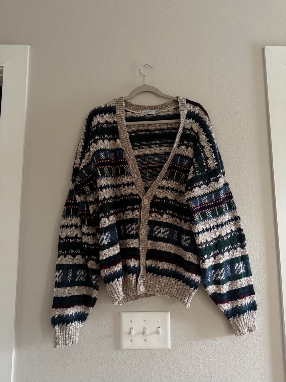Sears Striped Fair Isle V-Neck Cardigan - Cream, Navy & Green